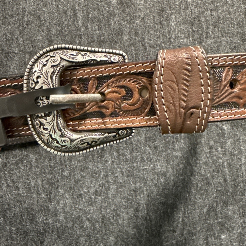 American Bison Men's Size Medium 34-36 Brown Tooled Leather Western Cowboy Belt